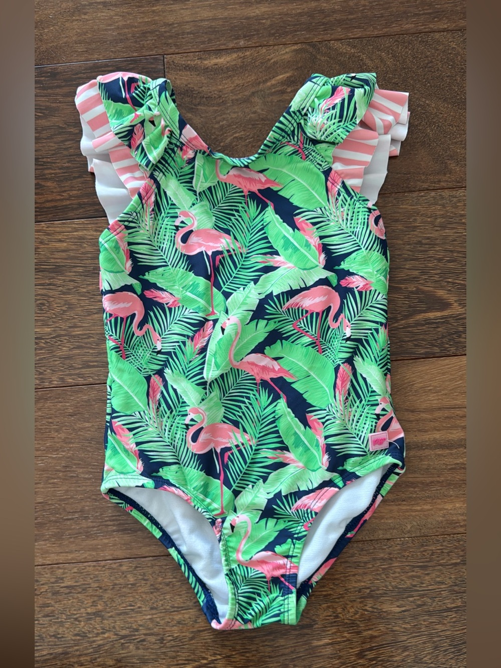 Girls Navy Flamingo Tropical One-Piece Swimsuit with Pink Ruffle Straps